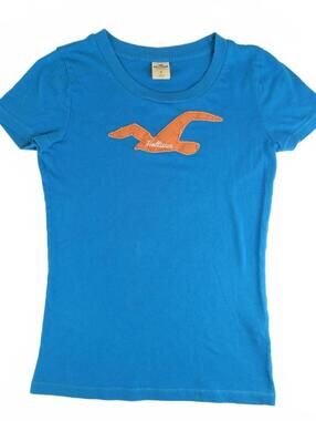 Hollister Blue Short Sleeve T-Shirt with Orange Logo Wms S